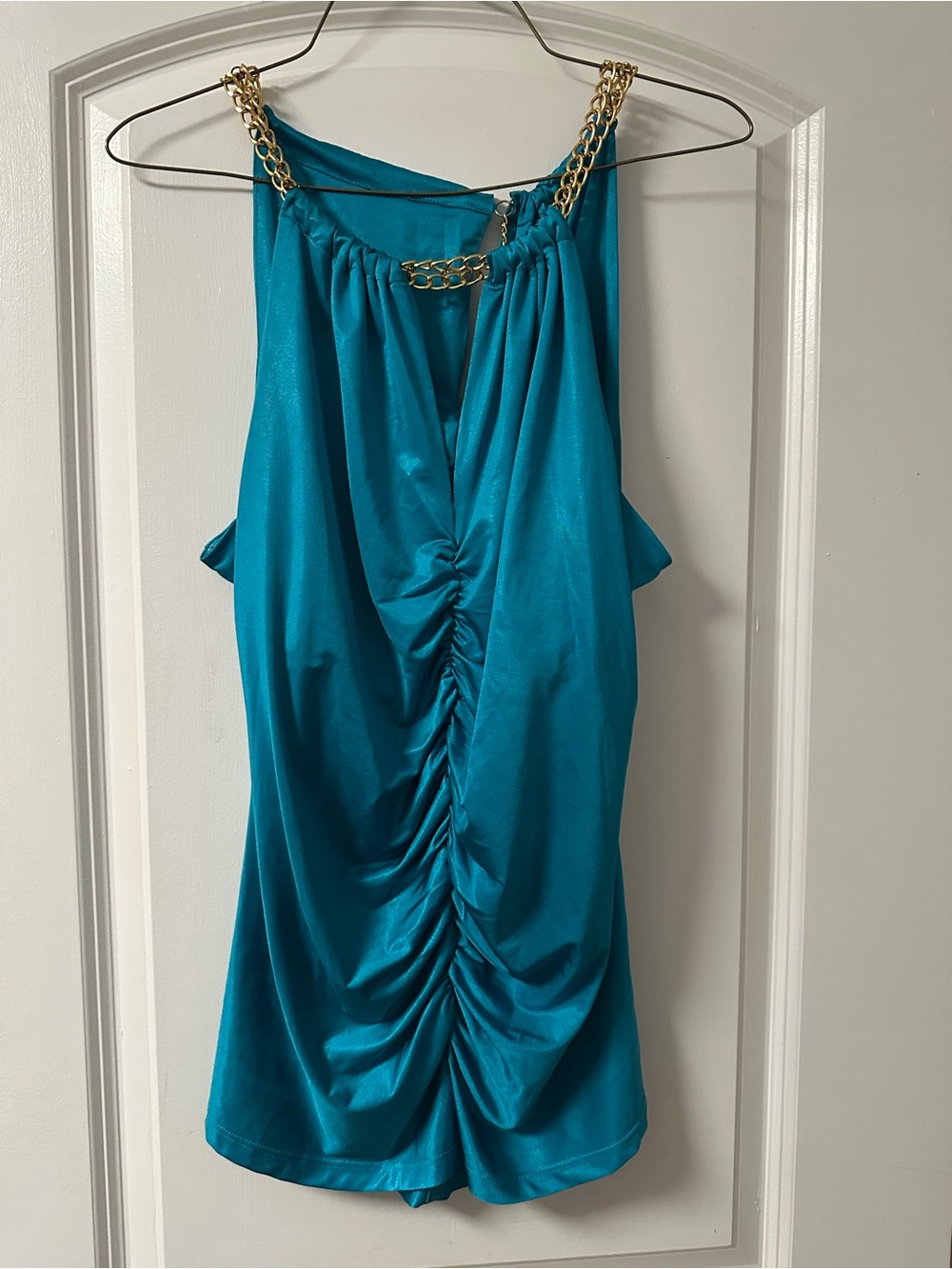 cinq a sept Teal Chain-Shoulder Ruched Satin Camisole